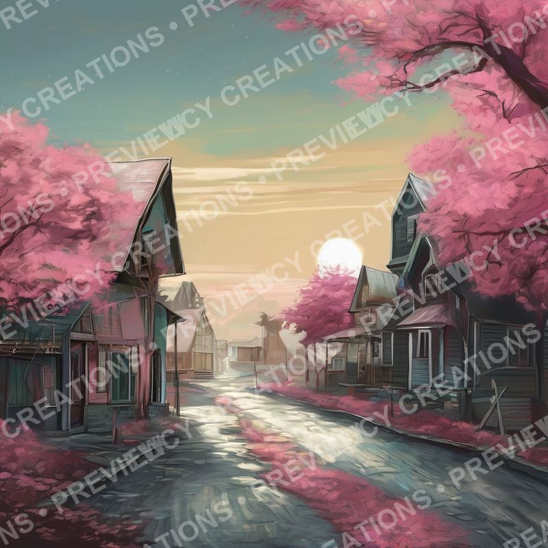 Blossom Street — a painted avenue of pink blossom trees and teal cottages beneath a golden sunset