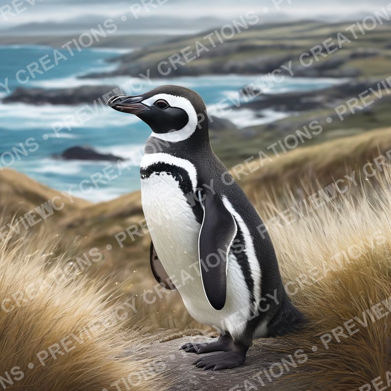 The Falklands Wanderer — a Magellanic penguin standing among golden tussock grass above a turquoise sea and green Falklands coastline